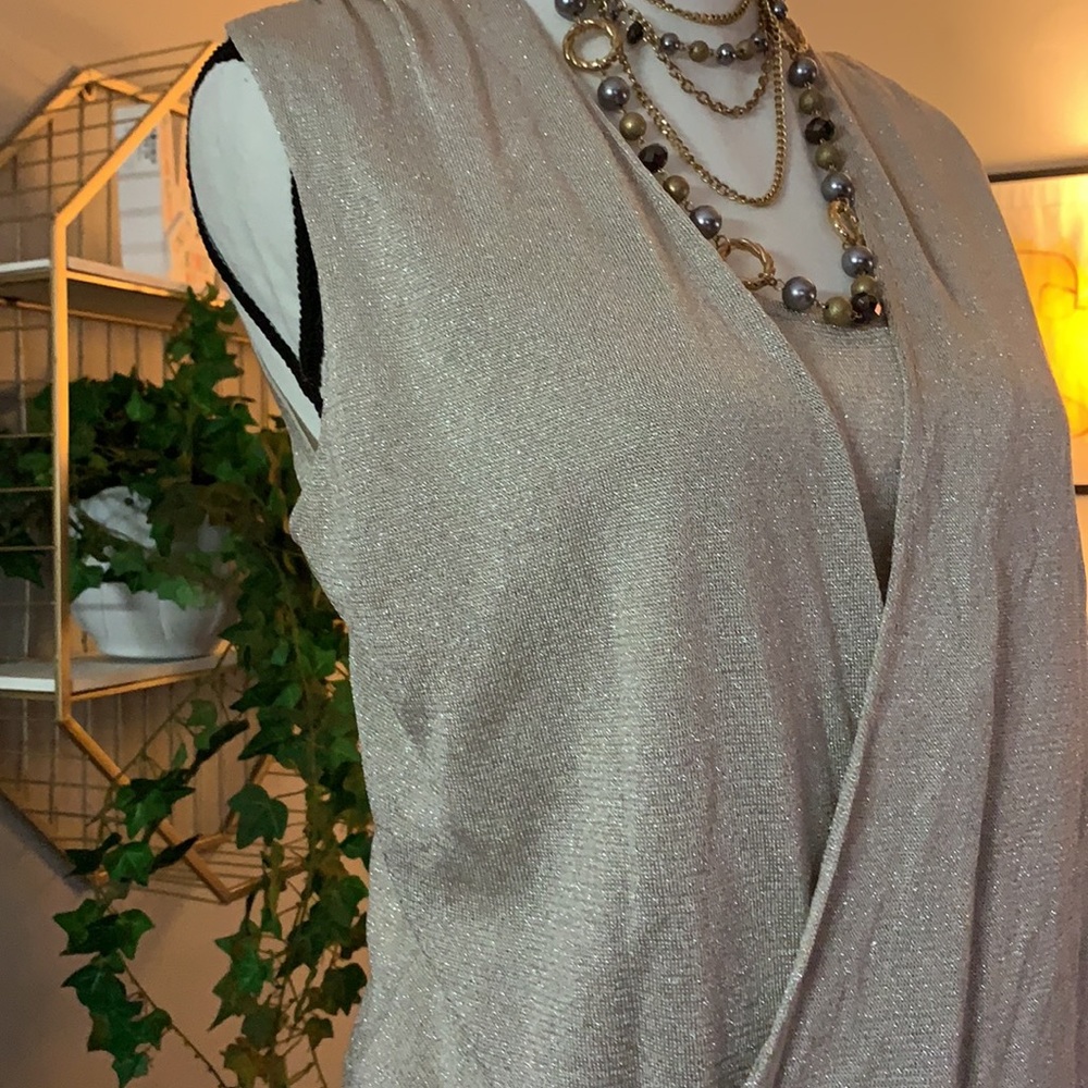 💛 WBHM | Gold Sparkly Taupe Faux Wrap Top - Picture 3 of 8